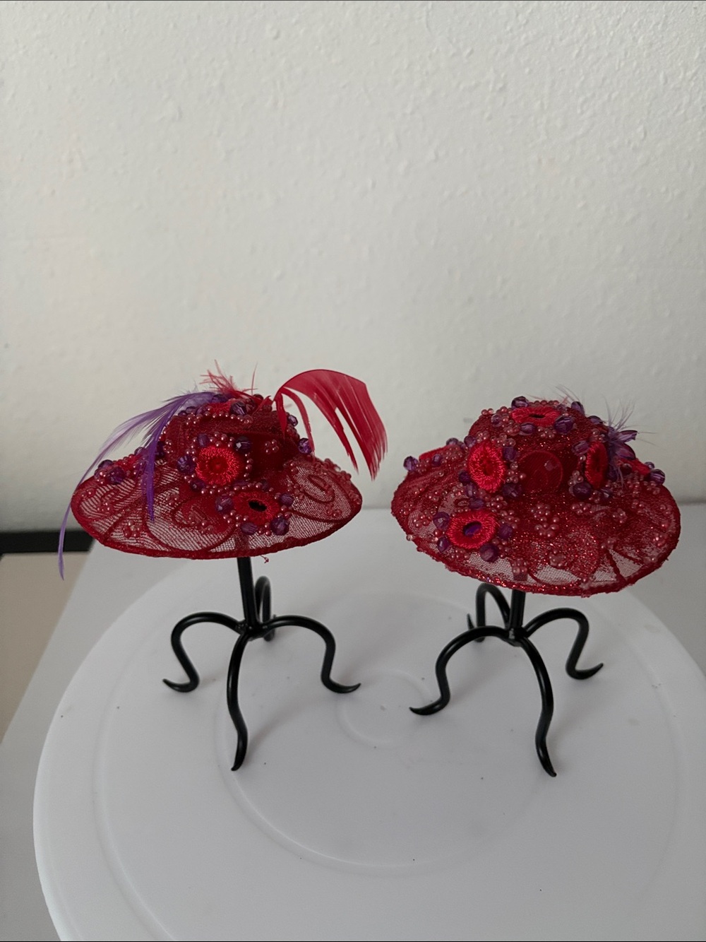 Red Beaded Mini Hat Fascinators (Pair) - Picture 1 of 7